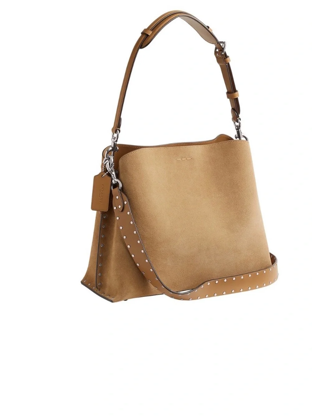 Coach Beige Suede Shoulder Bag with Studded Leather Strap